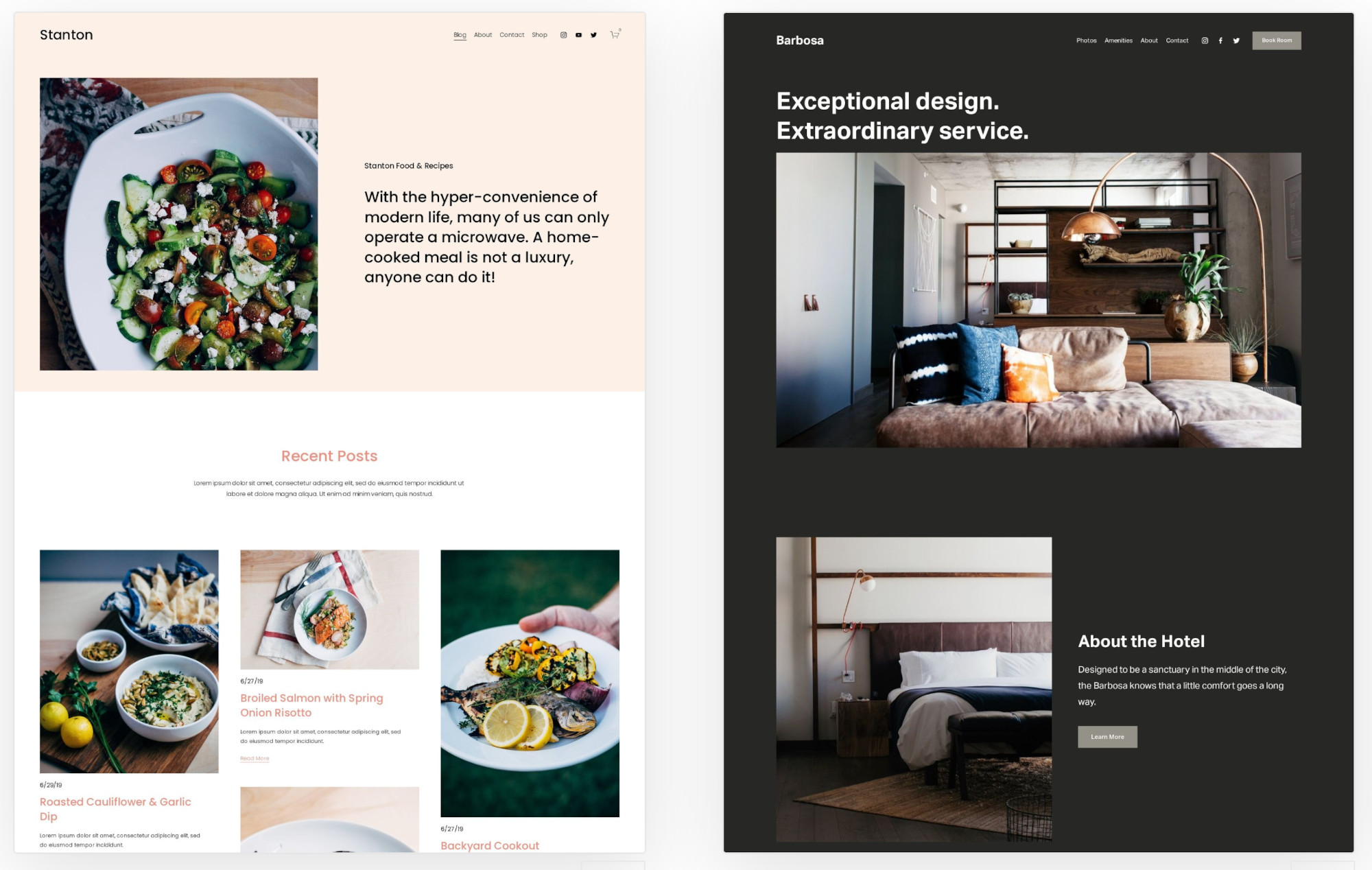 A light and a dark colored Squarespace theme side by side