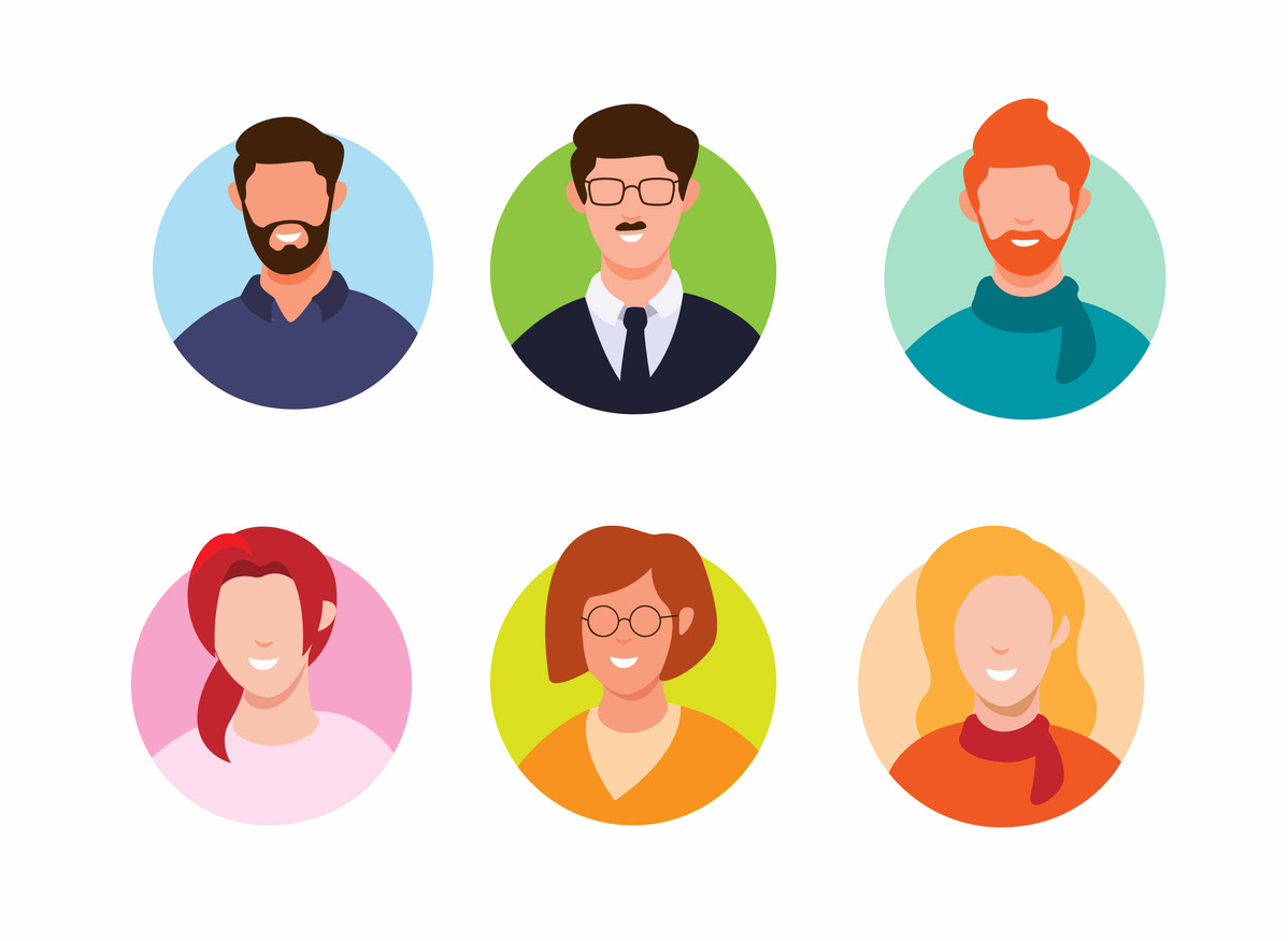 6 illustrations in 2 rows of three representating personas as used in UX design. The first row has male, the second row female personas. Each persona is made of bright colours in a circle, the background is white.