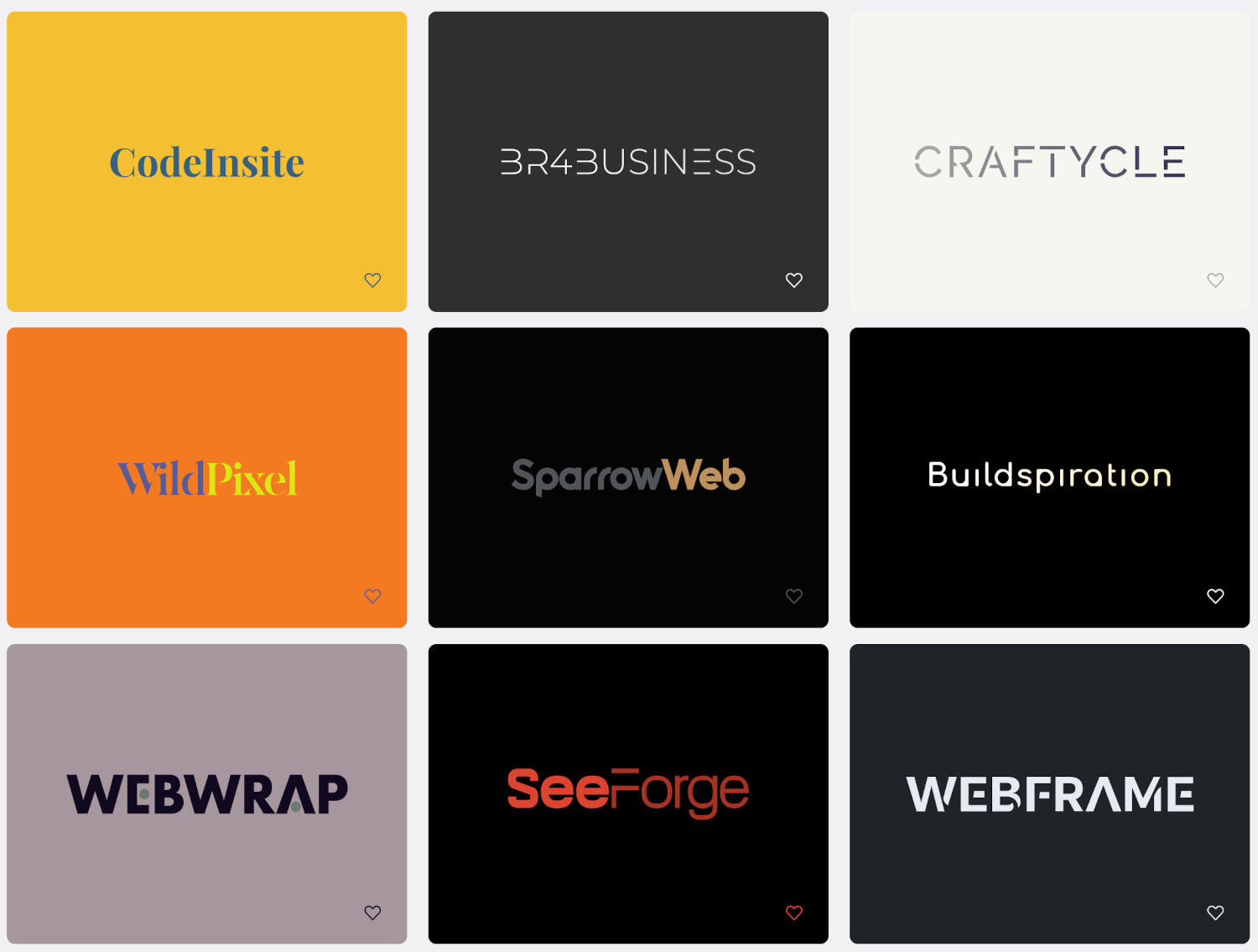 Ein Screenshot der Namelix Brand Name Generator Ausgabe bestehend aus Karten in verschiedenen Farben mit Markennamenvorschlägen darauf.