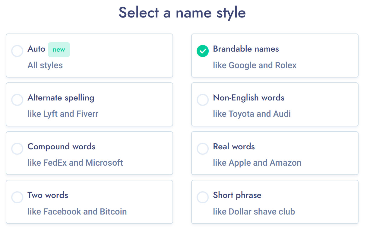 Ein Screenshot des Namelix Brand Name Generator Formulars mit Checkboxen für verschiedene Stile