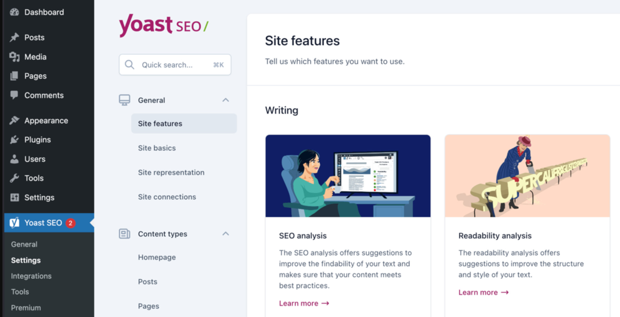 The Yoast plugin WP dashboard with a black sidebar on the left where Yoast is selected and the Yoast SEO configuration options on the right. 